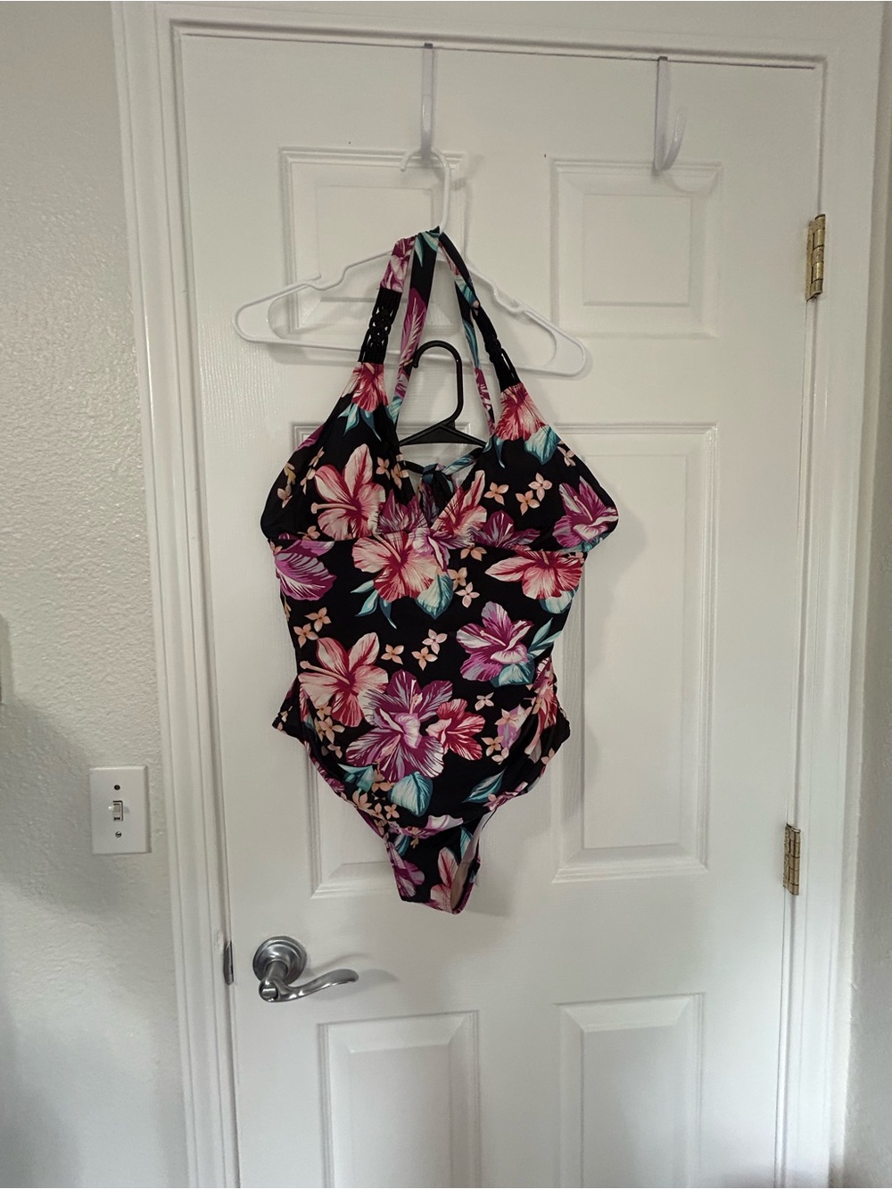 Floral Halter One-Piece Swimsuit in Black with Pink & Teal Flowers